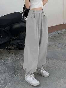 高腰纽扣直筒休闲女裤 - 淺灰色 - 查看 3