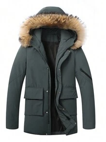 Men's Simple Solid Color Warm Hooded Shearling Collar Long Sleeve Multi-Pocket Thick Coat
