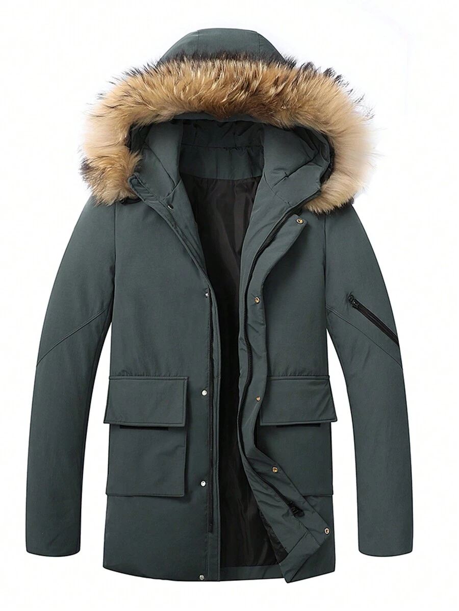 Men's Simple Solid Color Warm Hooded Shearling Collar Long Sleeve Multi-Pocket Thick Coat