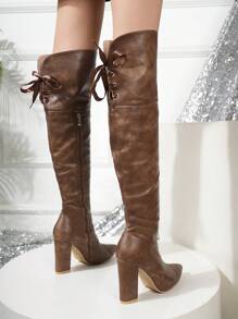 2025秋冬新款时尚超高跟复古粗跟尖头过膝靴女侧拉链欧美市场性感 - 摩卡棕 - 查看 5