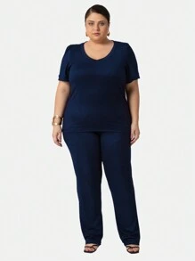 Ribbed V-Neck Top And Trousers Set 1211-1210 - Màu xanh hải quân - Xem 3
