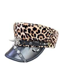 1pc Couple Style Year-Round Unique Design Punk Fashion Leopard Print Pattern Naval Beret Hat With Metal Studs, Leather Buckle, Spider Decoration, Vintage Distressed PU Leather Newsboy Cap