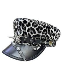 1pc Couple Style Year-Round Unique Design Punk Fashion Leopard Print Pattern Naval Beret Hat With Metal Studs, Leather Buckle, Spider Decoration, Vintage Distressed PU Leather Newsboy Cap