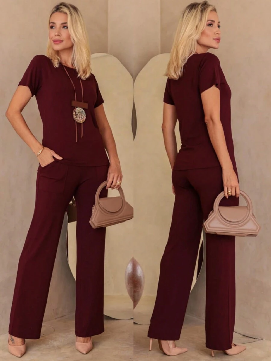 2 Piece Set Blouse And Elegant Pants PREMIUM Mesh Side Pockets Women's Fashion - 酒紅色 - 查看 1