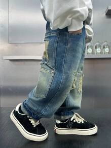 Young Boy Regular Fit Thick Loose Denim Jeans With Pockets & Distressed Design, Autumn