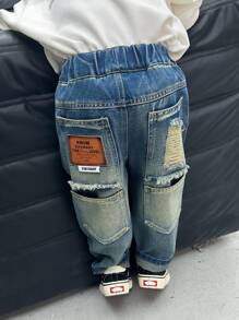 Young Boy Regular Fit Thick Loose Denim Jeans With Pockets & Distressed Design, Autumn