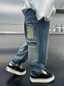 Young Boy Regular Fit Thick Loose Denim Jeans With Pockets & Distressed Design, Autumn