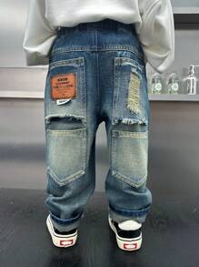 Young Boy Regular Fit Thick Loose Denim Jeans With Pockets & Distressed Design, Autumn