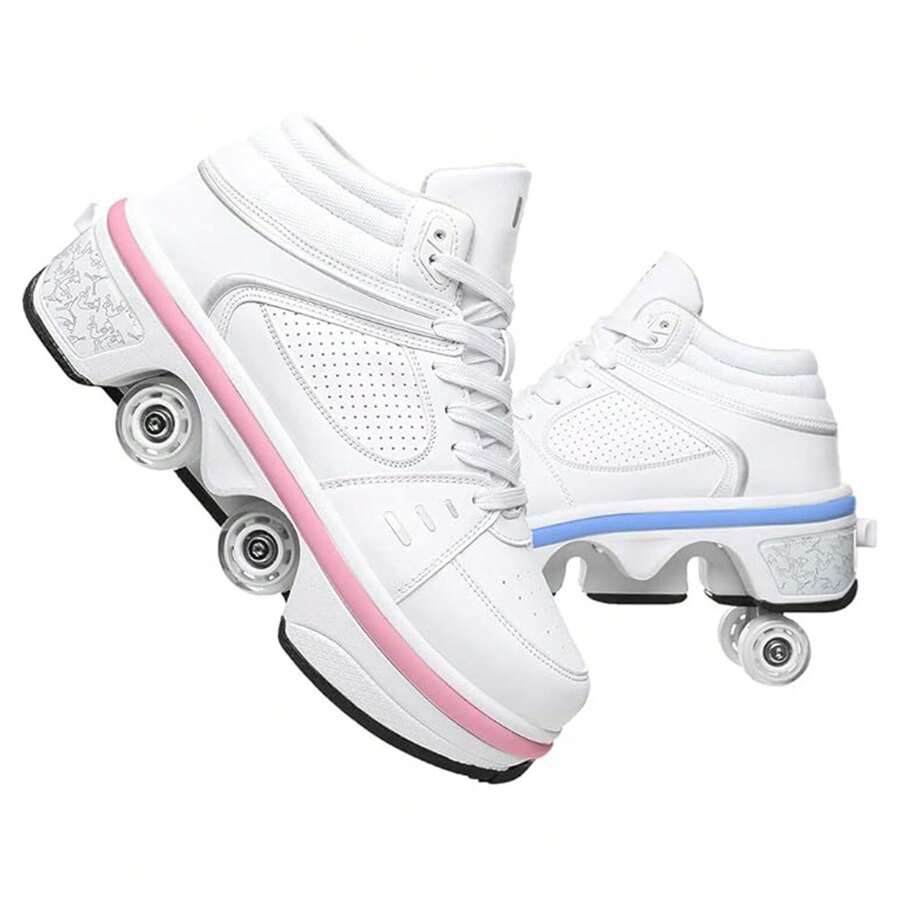 Transformable Roller Sneakers White High-Top Roller Skate Shoes LED Light-Up Roller Skates With 4 Retractable Wheels For Casual/ Outdoor Activities, Walking Shoes For Youth Adults Four Seasons Wearable