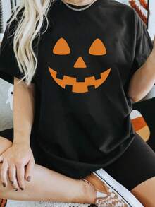 Women's Halloween Ghost Printed Collar T-Shirt - 黑色 - 查看 2