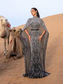 Faeriesty 奢华闪亮珠饰亮片长裙，配披肩和鱼尾裙摆——高端定制，美人鱼礼服，明星同款红毯礼服，适合婚礼、盛大晚宴和名人派对。派对、正式场合、优雅度假、春季 - 黑色 - 查看 7