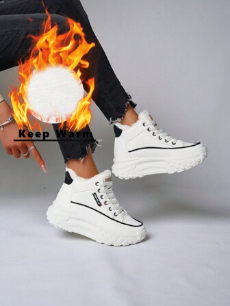 Women High-Top Thick Thermal Lined Snow Boots Padded Sport Shoes For Autumn Winter, Anti-Slip Warm Fashionable Sneakers