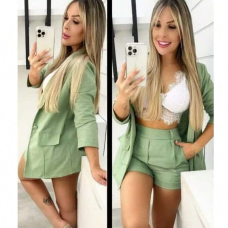 WOMEN'S SET IN LINEN FABRIC WITH SHORTS AND BLAZER SUIT IN BEAUTIFUL COLORS - 薄荷綠 - 查看 1