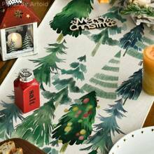 Merry Christmas Table Runner, Christmas Tree Kitchen Dining Table Decor, Flowers Table Placemat Winter Holiday Farmhouse Home Decoration Indoor Outdoor Party Supply Holiday Hanppy New Year Gift - Multicolor - View 9