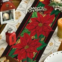 Merry Christmas Table Runner, Christmas Tree Kitchen Dining Table Decor, Flowers Table Placemat Winter Holiday Farmhouse Home Decoration Indoor Outdoor Party Supply Holiday Hanppy New Year Gift - Multicolor - View 7