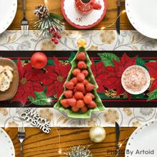 Merry Christmas Table Runner, Christmas Tree Kitchen Dining Table Decor, Flowers Table Placemat Winter Holiday Farmhouse Home Decoration Indoor Outdoor Party Supply Holiday Hanppy New Year Gift - Multicolor - View 8