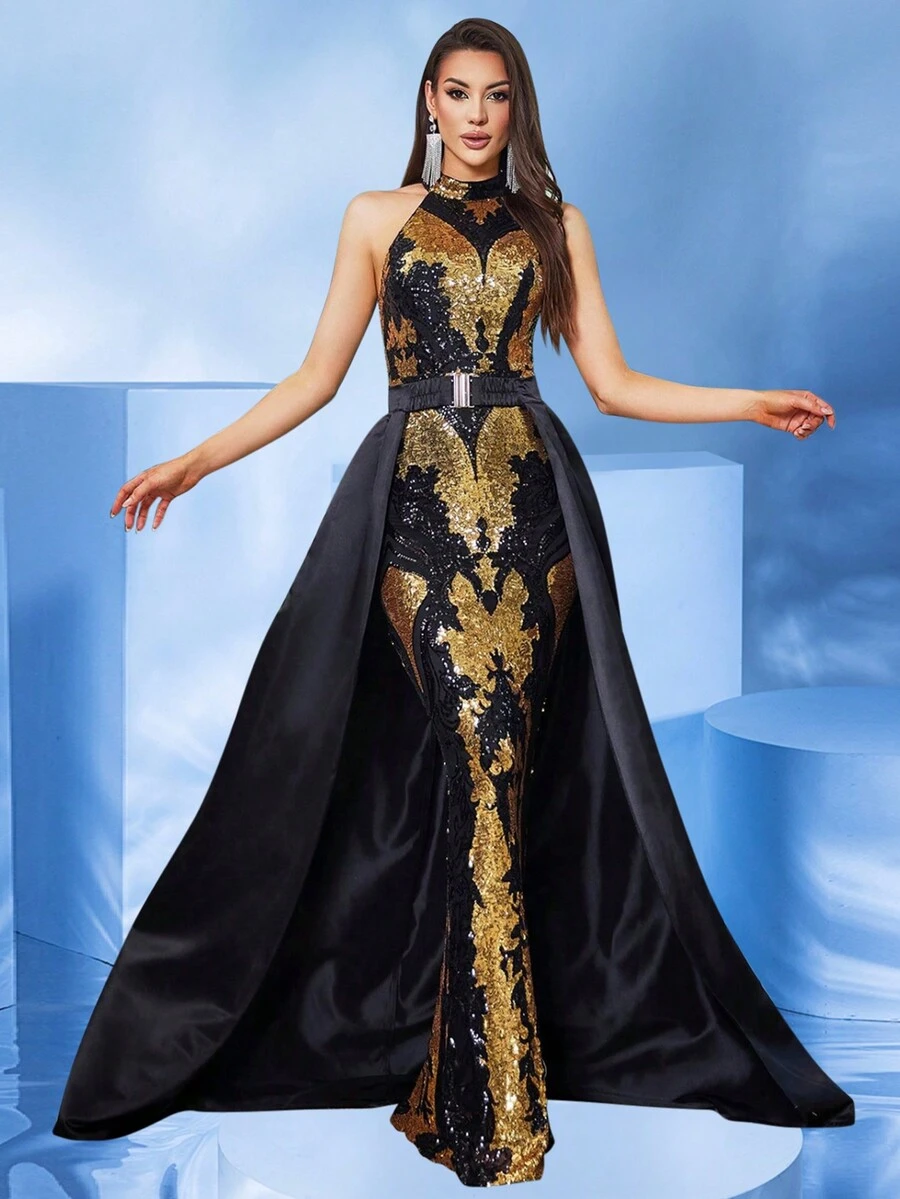 Vestido formal negro y dorado con cola de lentejuelas - Negro - Ver 1