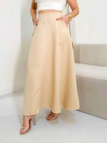 Monochromatic Long Tailored Skirt With Side Pockets And Zipper Details /DD065 - 米色 - 查看 1