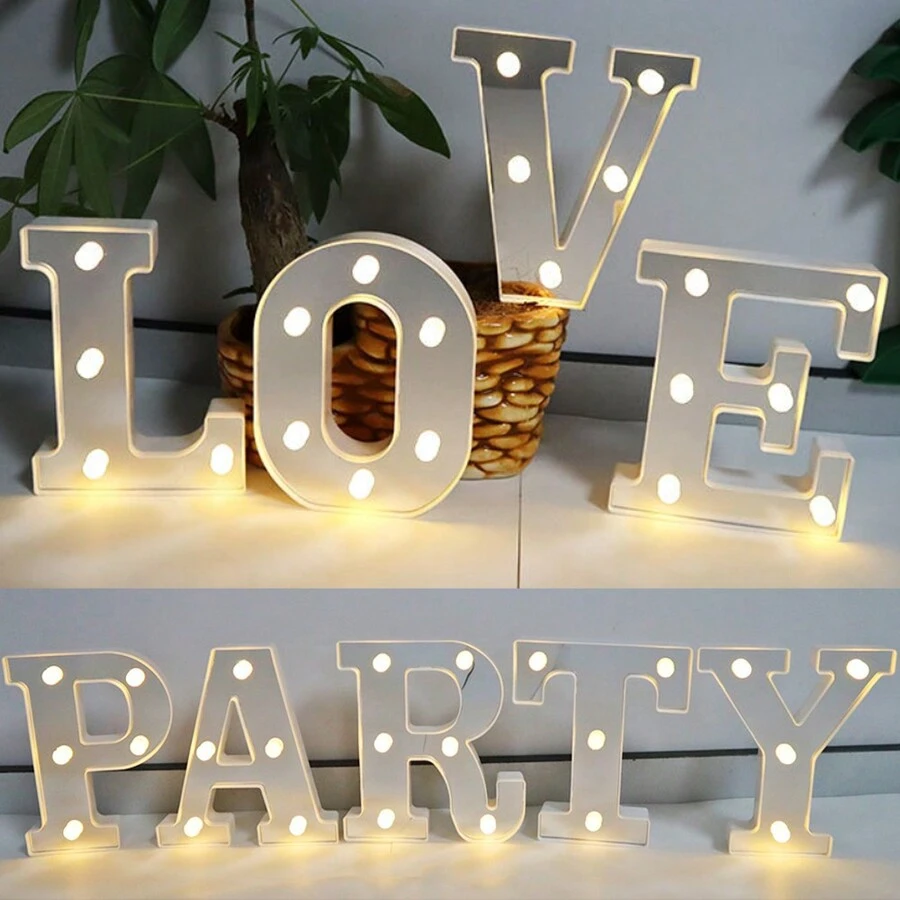 Lettres lumineuses LED au néon, lampe à enseigne alphabet clignotante, veilleuse à piles, convient pour anniversaire, mariage, cadeau de fille, maison, bar, décoration de Noël - argent - Voir 1