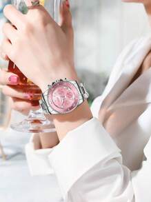 BIDEN 1pc Ladies' Watch, Chronograph, Waterproof, Calendar, Stainless Steel Strap, Stylish And Elegant Quartz Ladies' Watch+Free Steel Strip Cutting Tool+Free Box - Pink - View 3