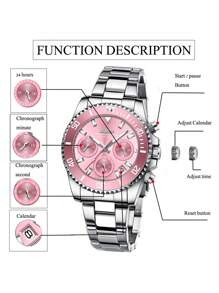 BIDEN 1pc Ladies' Watch, Chronograph, Waterproof, Calendar, Stainless Steel Strap, Stylish And Elegant Quartz Ladies' Watch+Free Steel Strip Cutting Tool+Free Box - Pink - View 8