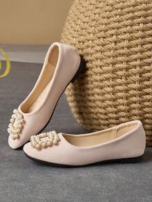 女士平底方头珍珠装饰一脚蹬乐福鞋，夏季 - 淺粉色 - 查看 6