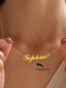 1pc Customized Hollow Heart-Shaped Name Necklace, Women's Personalized Gold Stainless Steel Hollow Heart-Shaped Name Necklace, Wedding Christmas Jewelry Gift, Silver & Gold Color Options, Fashionable, Autumn, Retro, Classic, Casual, Minimalist, Cute, Customized, Personalized - Yellow Gold - View 3