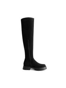 Women Comfortable High-Stretch Over The Knee Boots Autumn Fashion Round Toe Lowland Bold Leather Boots For Daily Commute Christmas Party Prom, Autumn Winter Wearing - 黑色絨面革 - 查看 5