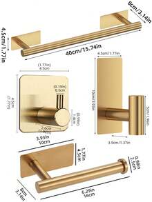 5 件/套自粘式浴室毛巾架、毛巾环、卫生纸架、衣帽挂钩套装、壁挂式衣架 - 金色 - 查看 6