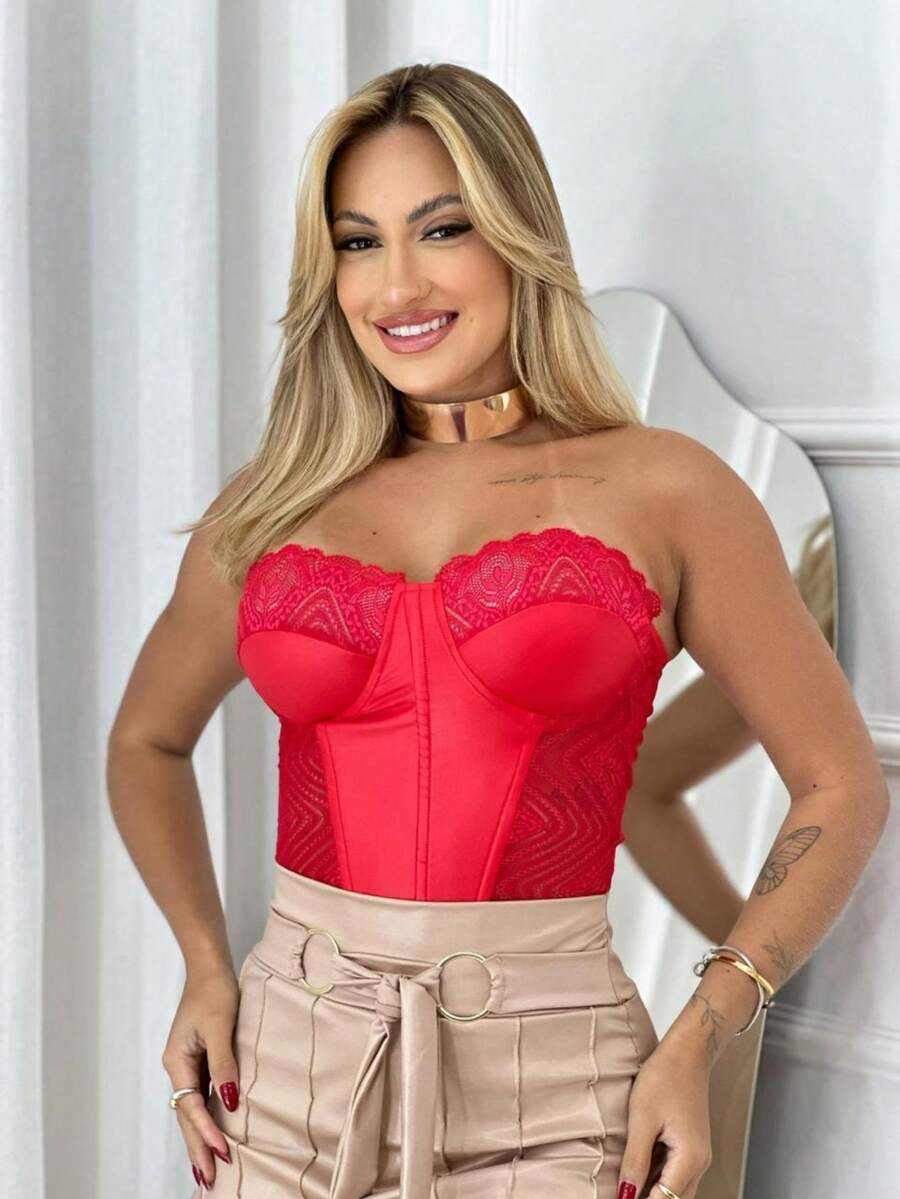 Strapless Corset Cirrê Lace Detail Transparency Corset Tie Back Ribbon Cord Night Club Party Feminine Sensual Lingerie - Red - View 1