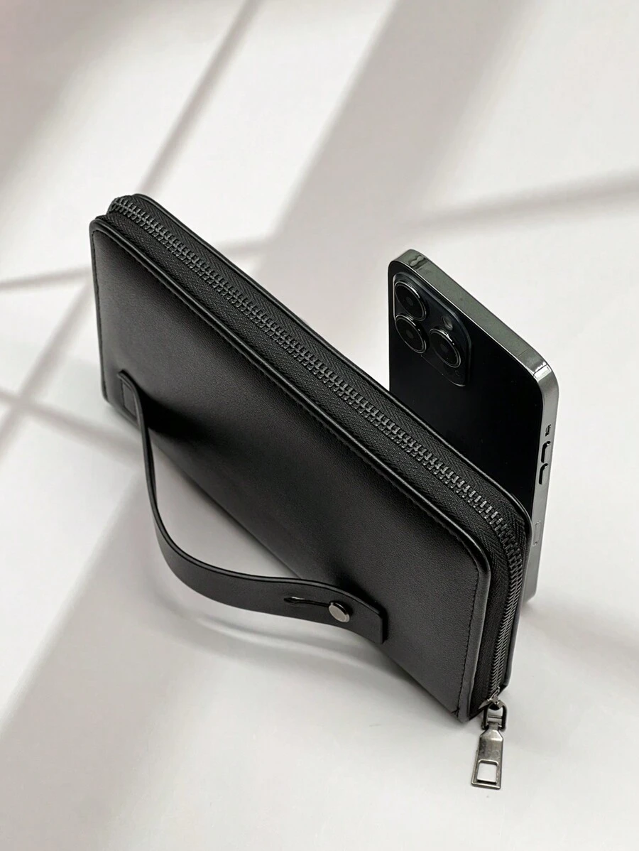 新款蜡皮长款拉链手拿包，容量大，休闲时尚，秋季圣诞节尖叫男士包钱包手提包男士拉链包时尚休闲感恩节旅行冬季钱包假日洗漱包复古多卡手拿包长款钱包轻便商务大容量男士礼物学生多功能户外便携度假趣味礼物单肩包流浪包卡包情人节，情人节 - 黑色 - 查看 1