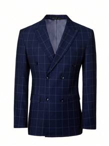 Furuyal 男士西服格子修身五件套单排扣聚会婚礼舞会西装外套马甲裤子衬衫领带套装海军蓝 XS-3XL 码 - 藏蓝色 - 查看 7