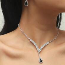 Women's Black Alloy Pendant Necklace And Earrings Set For Wedding 2 In 1 Jewelry Set - 銀色 - 查看 5