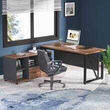 LITTLE TREE 55 Inches Simple Computer Desk, Home Office Desk Writing Table For Workstation,Dark Walnut + Steel Leg - Brown and Black - View 2
