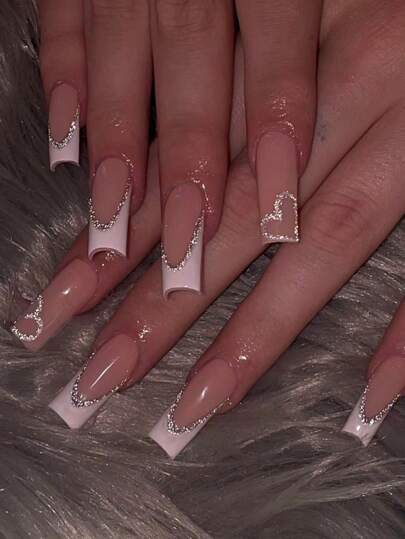 Valentines Nails 24Pcs Square Heart-Shaped Pattern With Glitter Design French Tip Press On Nails Medium Fit Perfectly Acrylic False Nail Set,Contain 1Pc Jelly Glue And 1Pc Nail File, Easy To Wear French Tip Nails Art For For Woman & Girl Daily Wear Rave Party Use Nail Supplies Nails