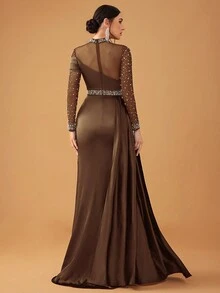 YISIKADO 女士优雅性感网眼串珠缎面立领长袖晚礼服、正式舞会礼服、婚礼宾客礼服、毕业典礼礼服、晚宴礼服