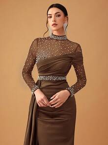 YISIKADO 女士优雅性感网眼串珠缎面立领长袖晚礼服、正式舞会礼服、婚礼宾客礼服、毕业典礼礼服、晚宴礼服