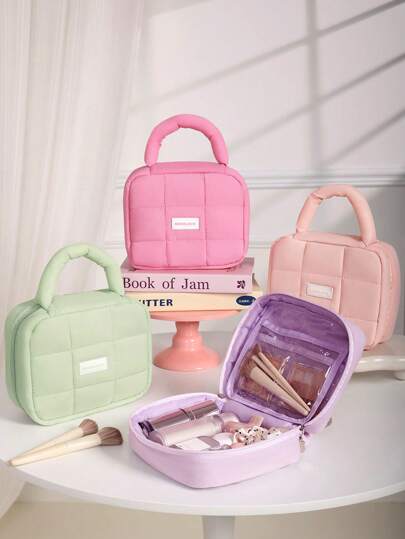 1个格子图案可爱化妆包，便携式马卡龙色极简化妆包，Y2K防水带提手洗漱包，可爱少女心泡沫化妆包/护肤包/洗漱包，大容量化妆品洗漱包，化妆包，梳妆台，化妆包，收纳包，化妆包，洗漱包，女士礼物，圣诞礼物，女士礼物创意