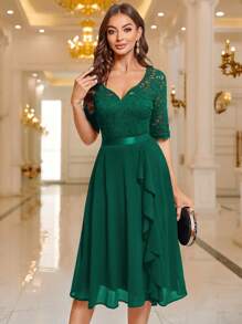 MIUSOL Sweetheart Neckline Floral Lace Ruffle Hem Cocktail Party Wedding Guest Dress - Dark Green - View 5