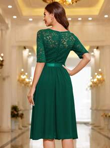 MIUSOL Sweetheart Neckline Floral Lace Ruffle Hem Cocktail Party Wedding Guest Dress - Dark Green - View 3