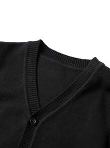 Young Boy Solid Color Cardigan Button-Up Sweater Casual Warm Knit Jacket - Black - View 4