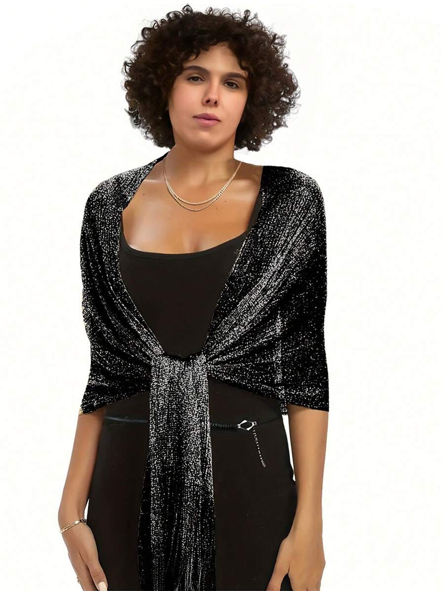 1pc Metallic Shiny Circular Clasp Tassel Scarf, Suitable For Evening Gala, Party, Wedding And Other Occasions - Black - View 1