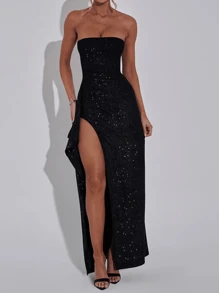 WOWDARK Women's Autumn Fashion Shiny Strapless Split Dress