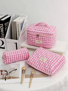 Quilted Makeup Bag Set Cosmetic Bag Aesthetic Travel Toiletry Bags Cute Pouch Kawaii Aesthetic Make Up Bag Travel Plaid Make Up Organizer Bag With Zipper Pouch Chere Checkered Cosmetic Pouch Make Up Travel Purse Organizer Large Capacity Pencil Case Makeup Brushes Storage Bag Vacation Travel Toiletry Bag For Bathrooom ,Wedding Gift ,Bridesmaid Gift ,Birthday Day Gift ,Friends,Valentine's Day,Monter's Day Gift Bathroom Accessories Back To School