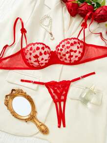 2 件套女士性感心形刺绣透明蕾丝内衣套装、文胸 + 内裤 - 紅色 - 查看 1
