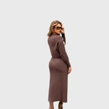 Long Sleeve Blouse And Long Knitted Skirt Set - 灰色 - 查看 3