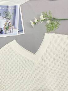 Women V-Neck Long Sleeve Waffle Knit Off-Shoulder Pullover Sweater - Apricot - View 10