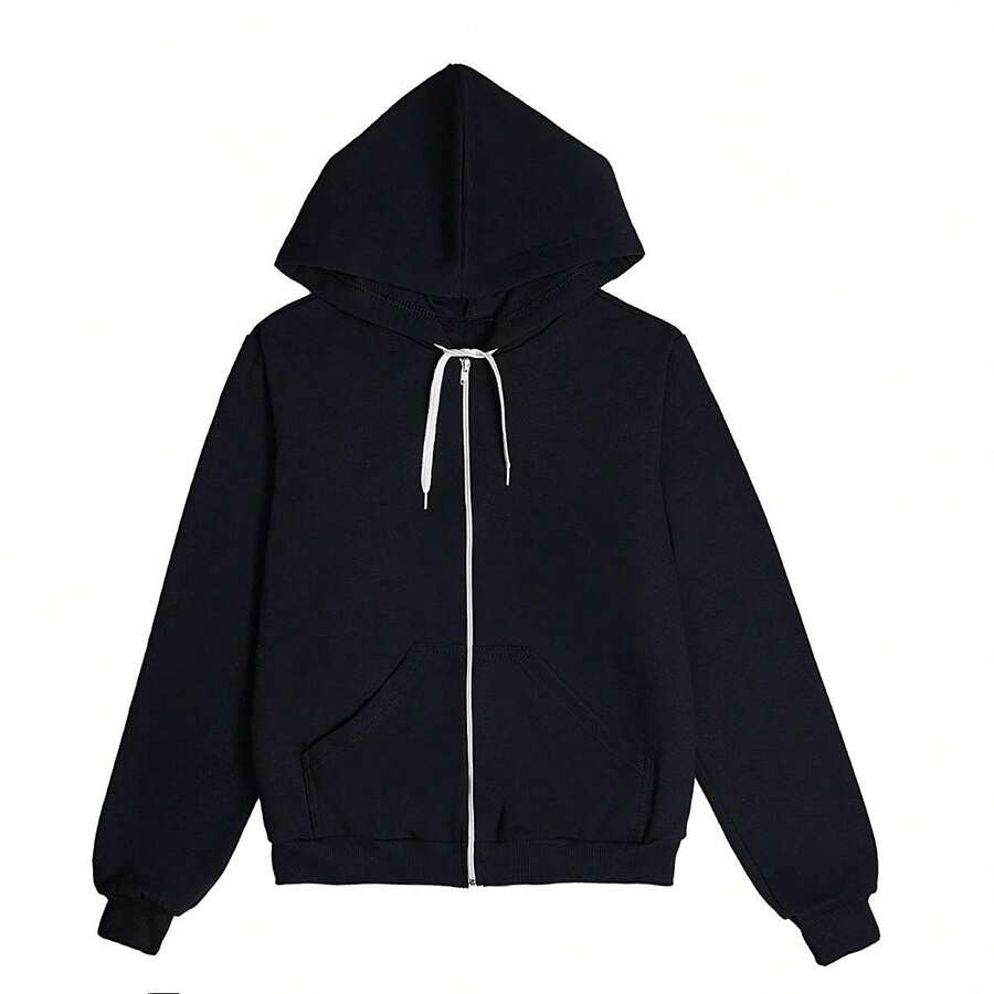 Women's Hooded Sweatshirt With Kangaroo Pocket And Zipper - màu đen - Xem 1