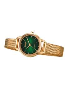 CITIZEN Montre à quartz pour femmes, montre analogique avec bracelet en acier inoxydable doré rose, montre habillée décontractée pour femmes, boîtier de 26 mm avec cadran vert EQ3003-50W