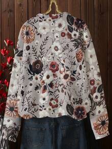 Maglione da donna casual con motivo floreale, collo a giro, maniche lunghe, con fodera termica, per l'autunno e l'inverno